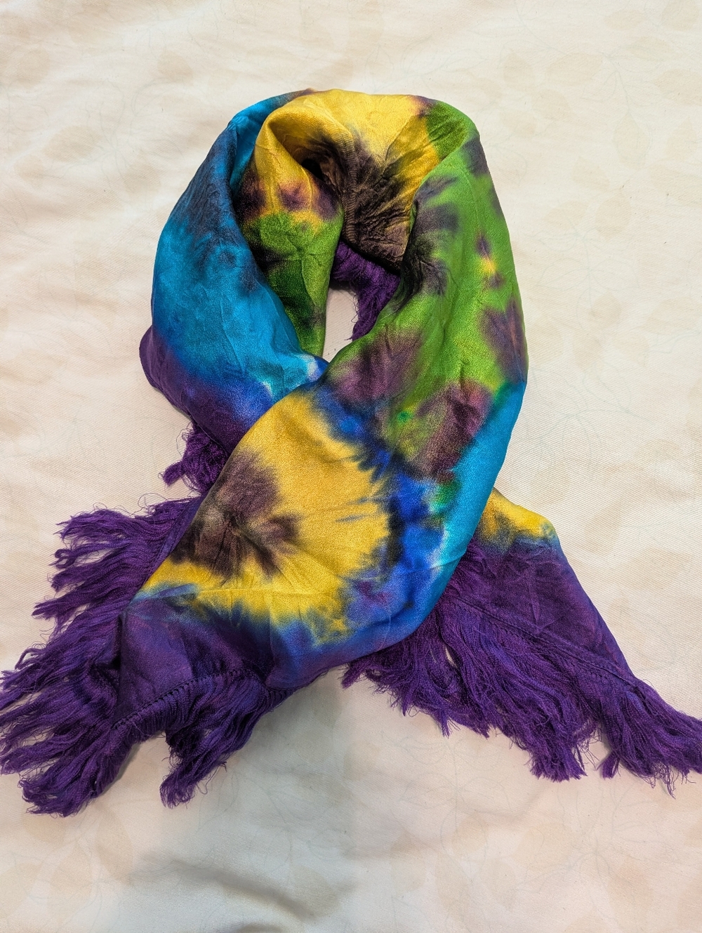 NWOT 100% Silk yellow green blue purple tie dye rectangle scarf
